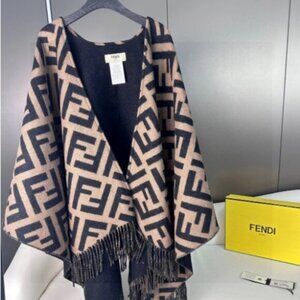 Fendi Reversible FF Logo Cashmere Wrap Shawl with Fringe
